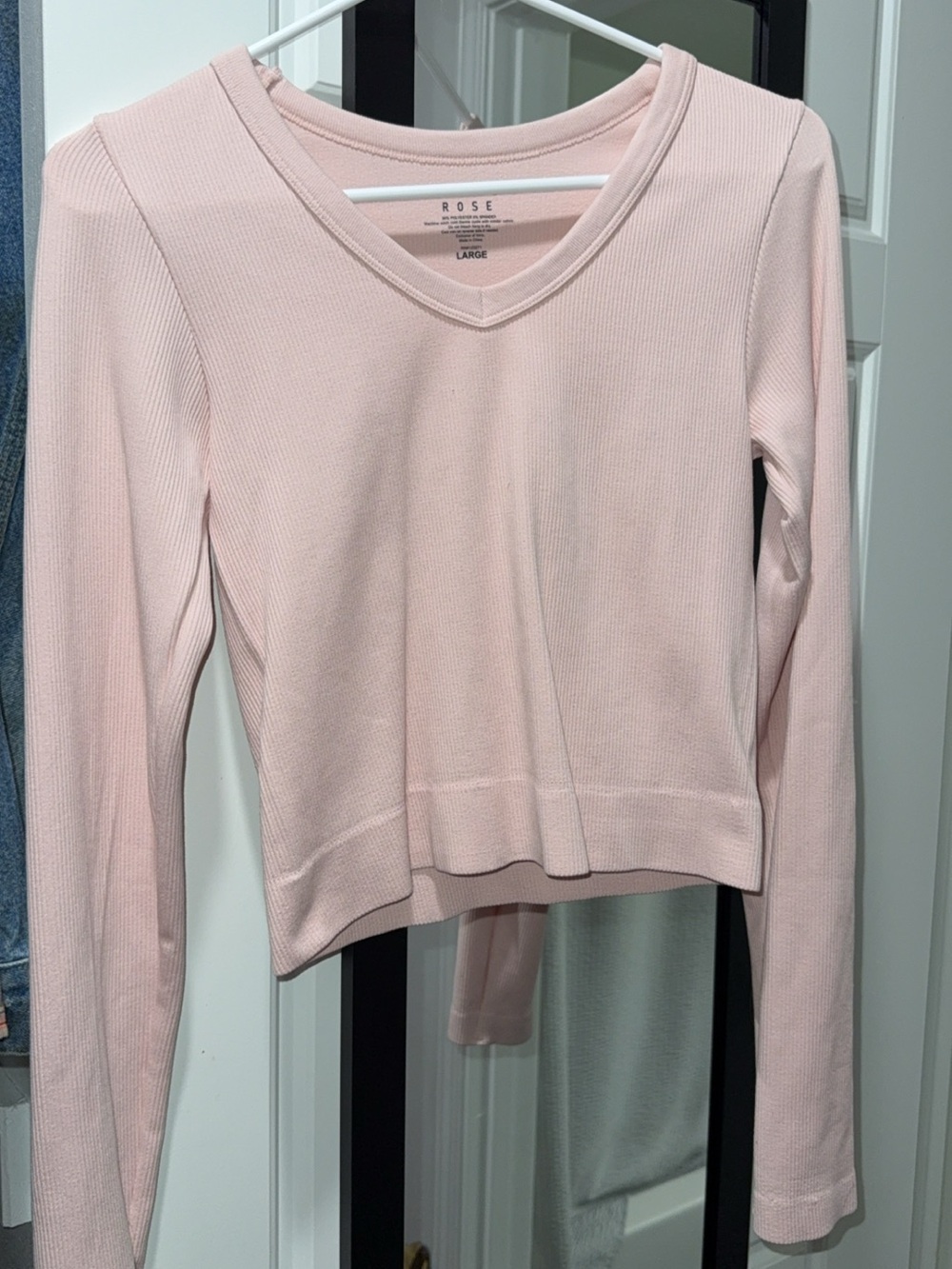 Rose Pale Pink Ribbed V-Neck Long Sleeve Tee